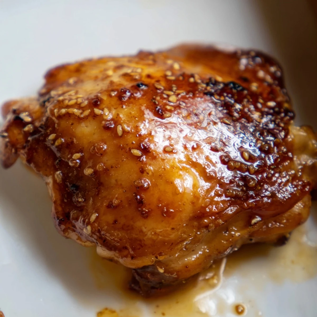 Golden glazed chicken thighs with herb rice and crispy roasted potatoes on a white plate