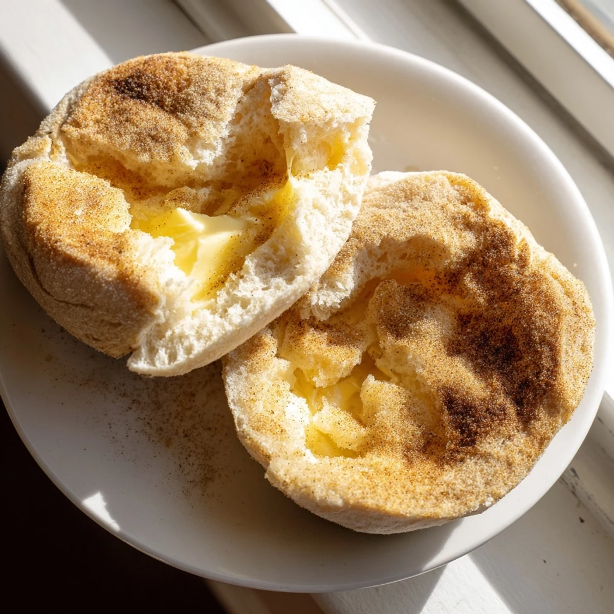 Golden homemade English muffins with cornmeal dusting, split open revealing buttery nooks and crannies
