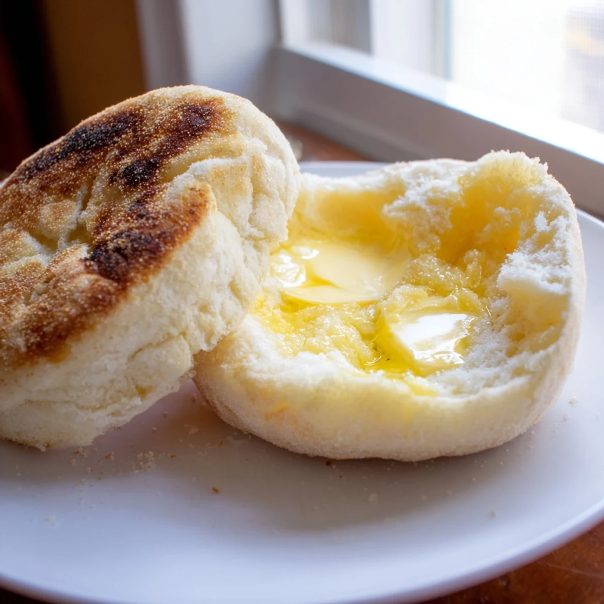 Soft homemade English muffins fresh off the griddle, perfectly toasted and ready for jam