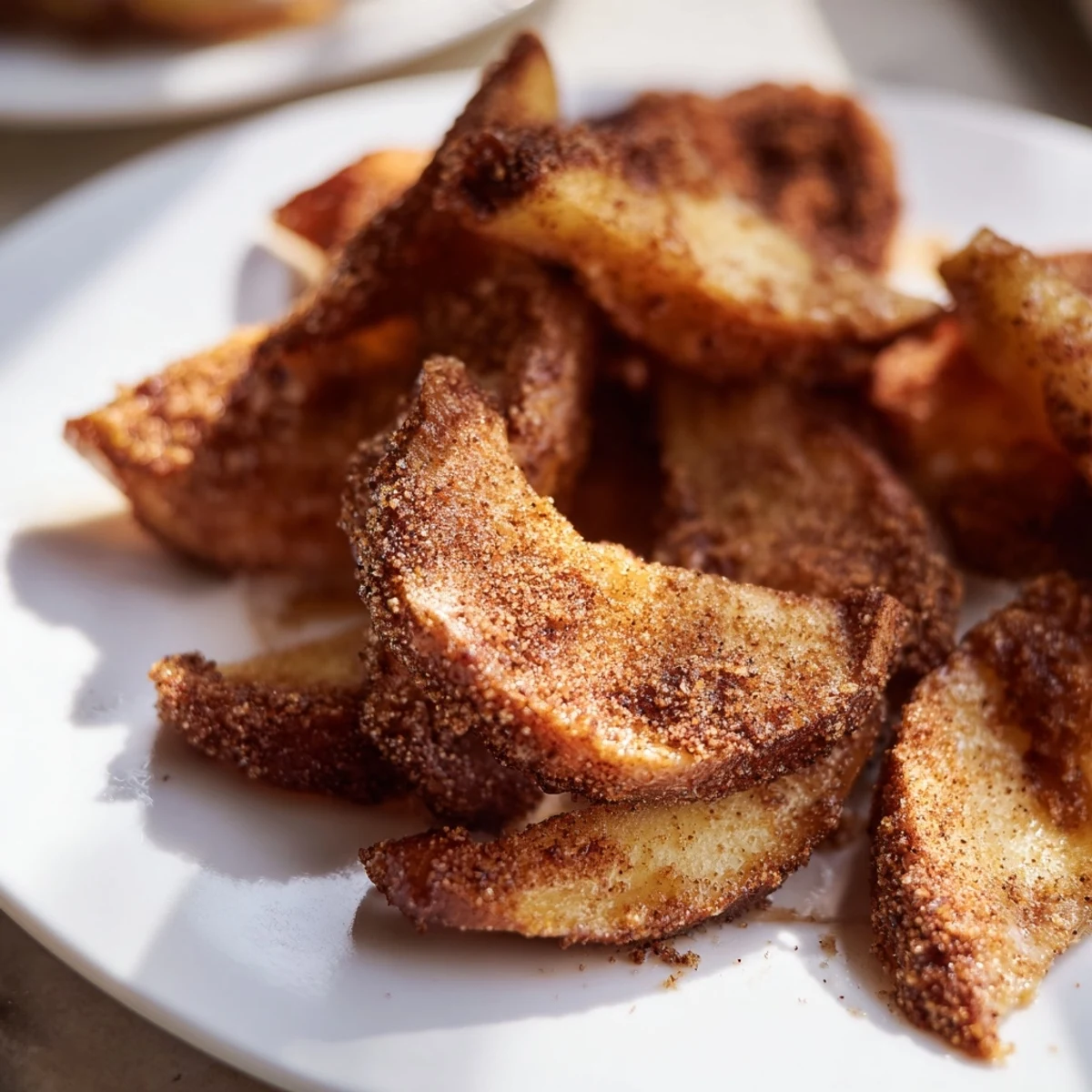 Crispy Air Fryer Apples with golden cinnamon-sugar coating served warm in a rustic bowl