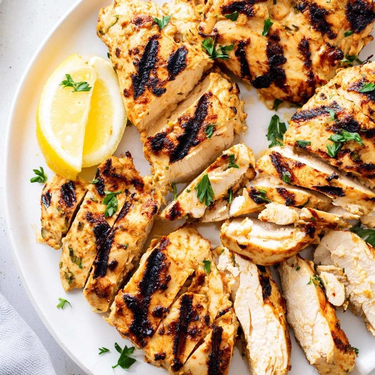 Golden Greek yogurt marinated chicken sliced and served with fresh lemon wedges
