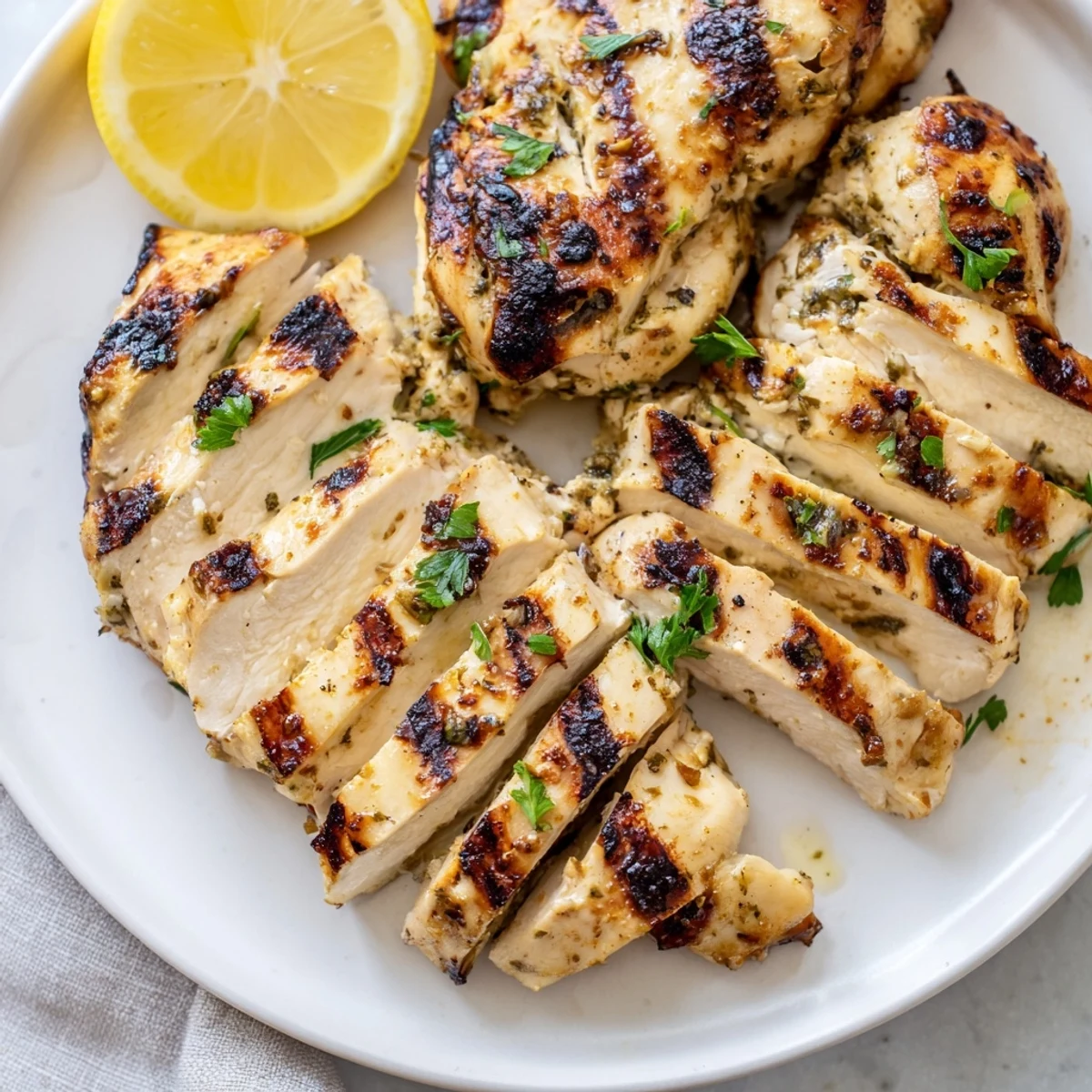 Creamy Greek yogurt marinated chicken plated alongside herbs and bright lemon slices