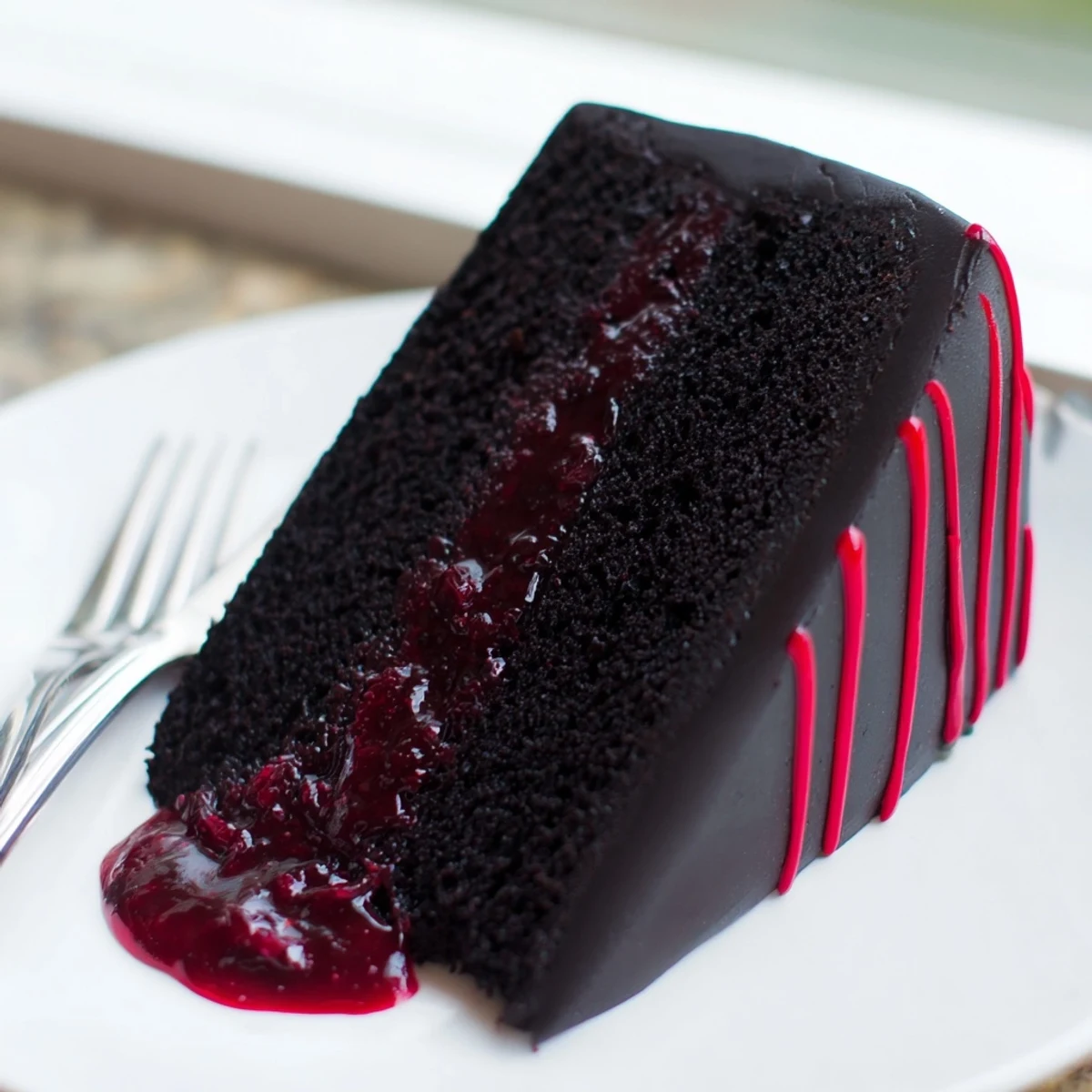 A dark chocolate Hidden Horror Black Widow Cake with glossy black ganache dripping over rich layers.