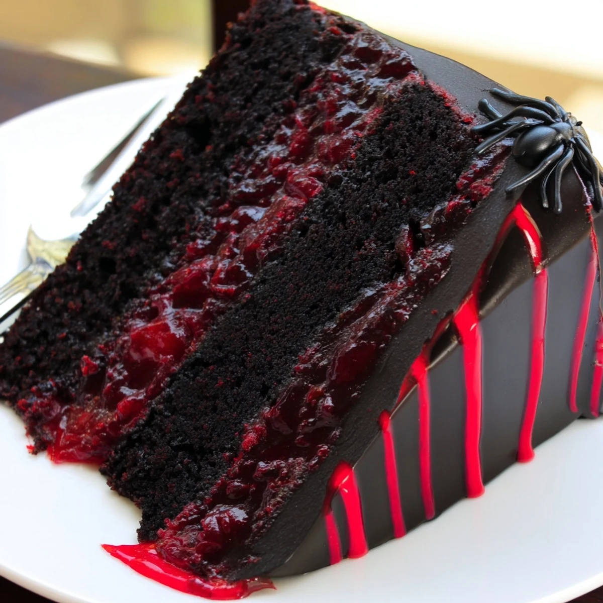 Hidden Horror Black Widow Cake sliced open revealing a bright red cherry compote center.