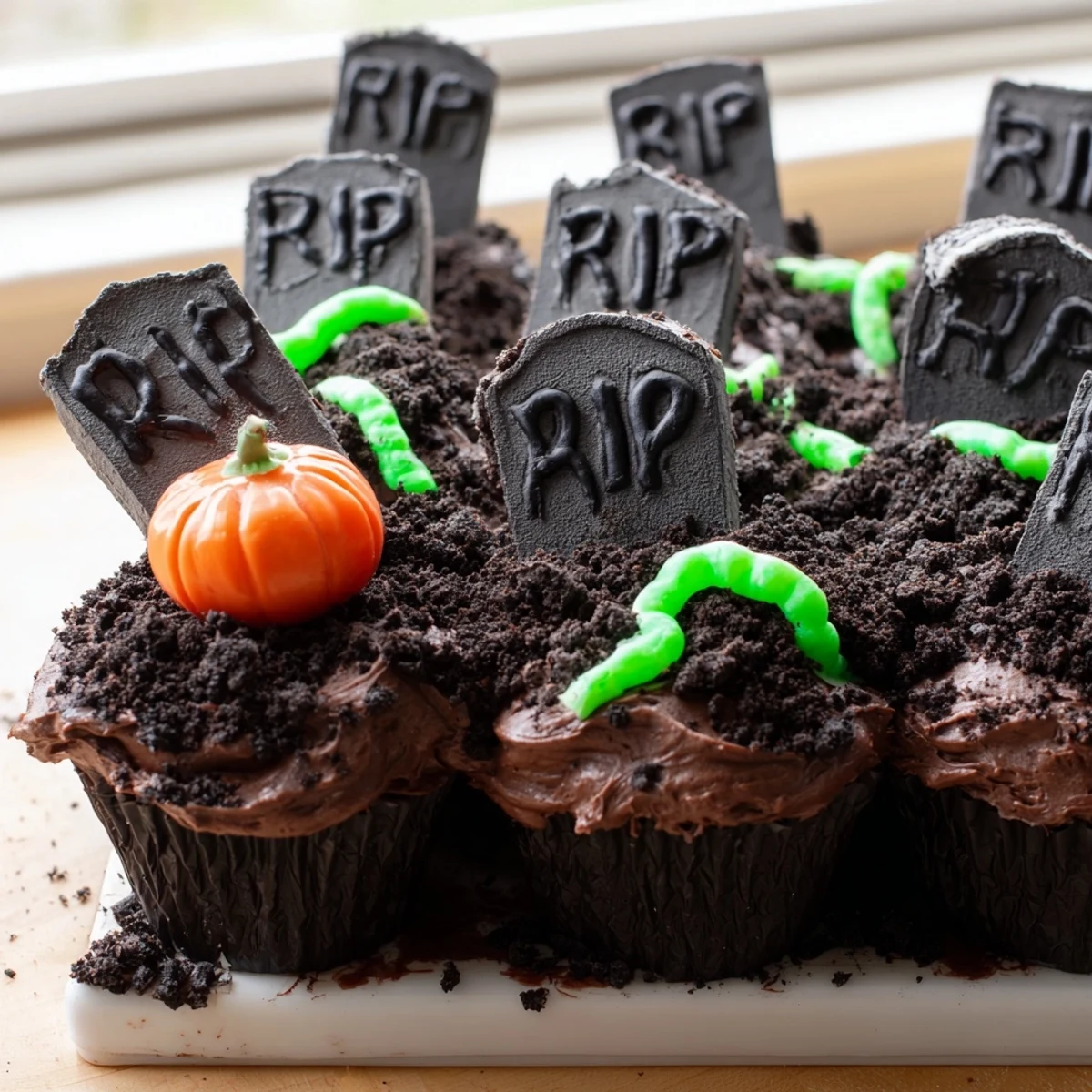 Chocolate-frosted Pull Apart Graveyard Cupcakes with crushed cookie dirt and gummy worms on top
