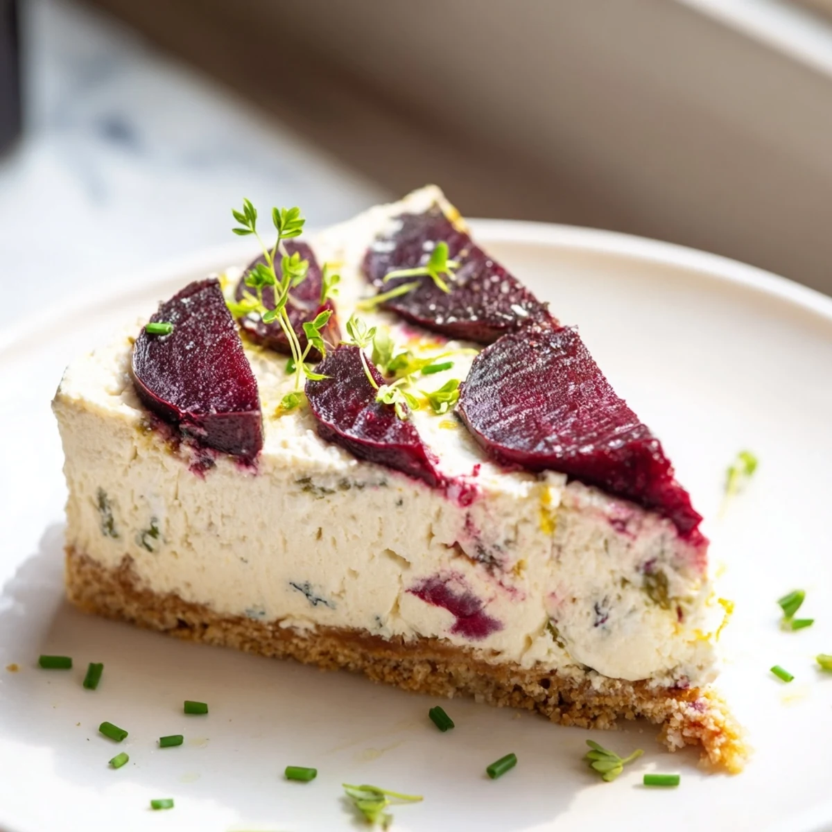 Creamy savoury cheesecake with roasted beetroot topped with fresh herbs and microgreens