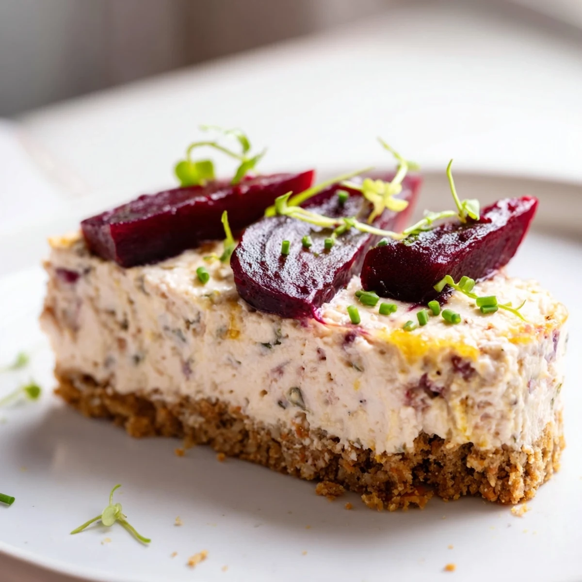 Smooth ricotta savoury cheesecake crowned with jewel-toned roasted beetroot and snipped chives