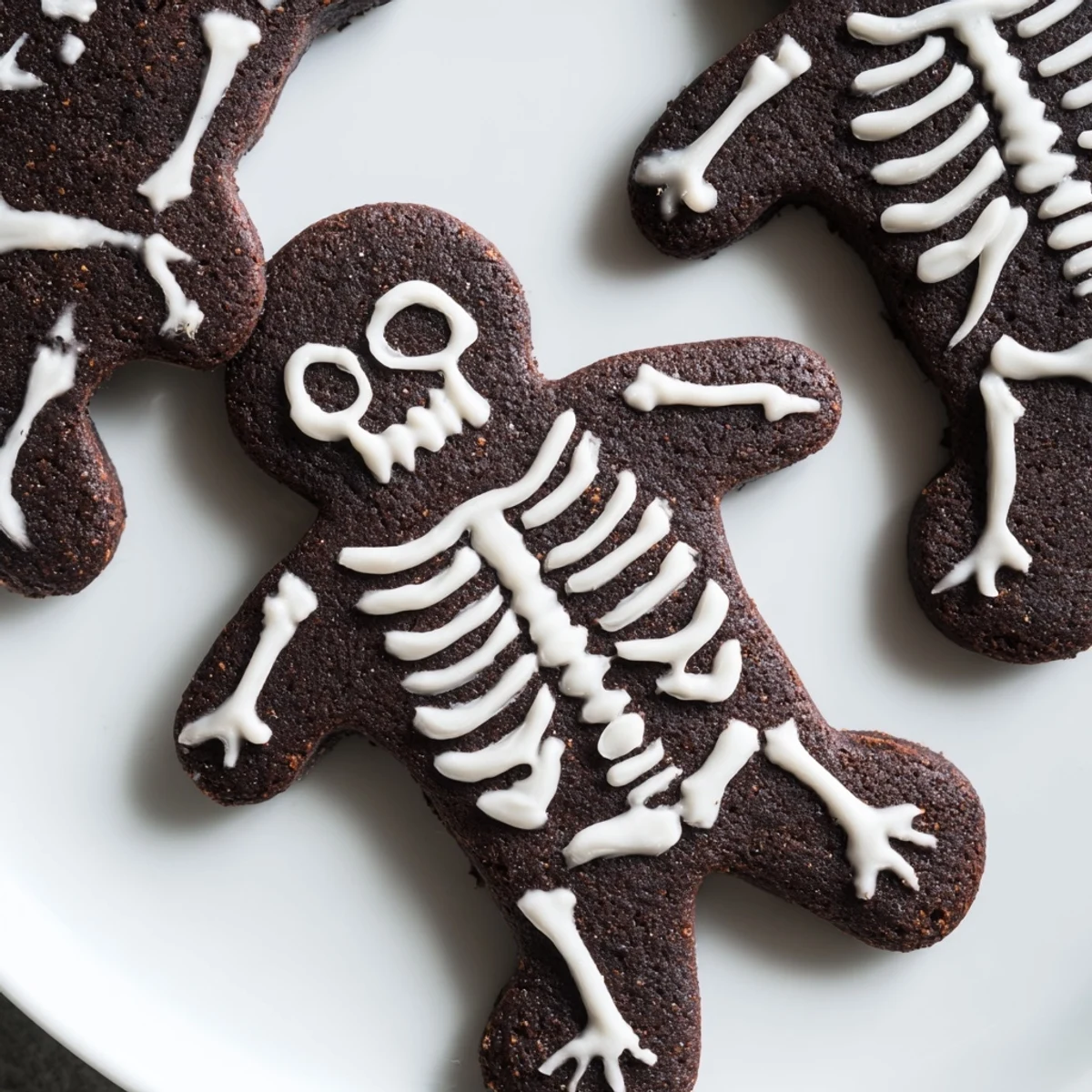 Chocolate Cinnamon Skeleton Cookies decorated with white icing on a parchment-lined baking sheet