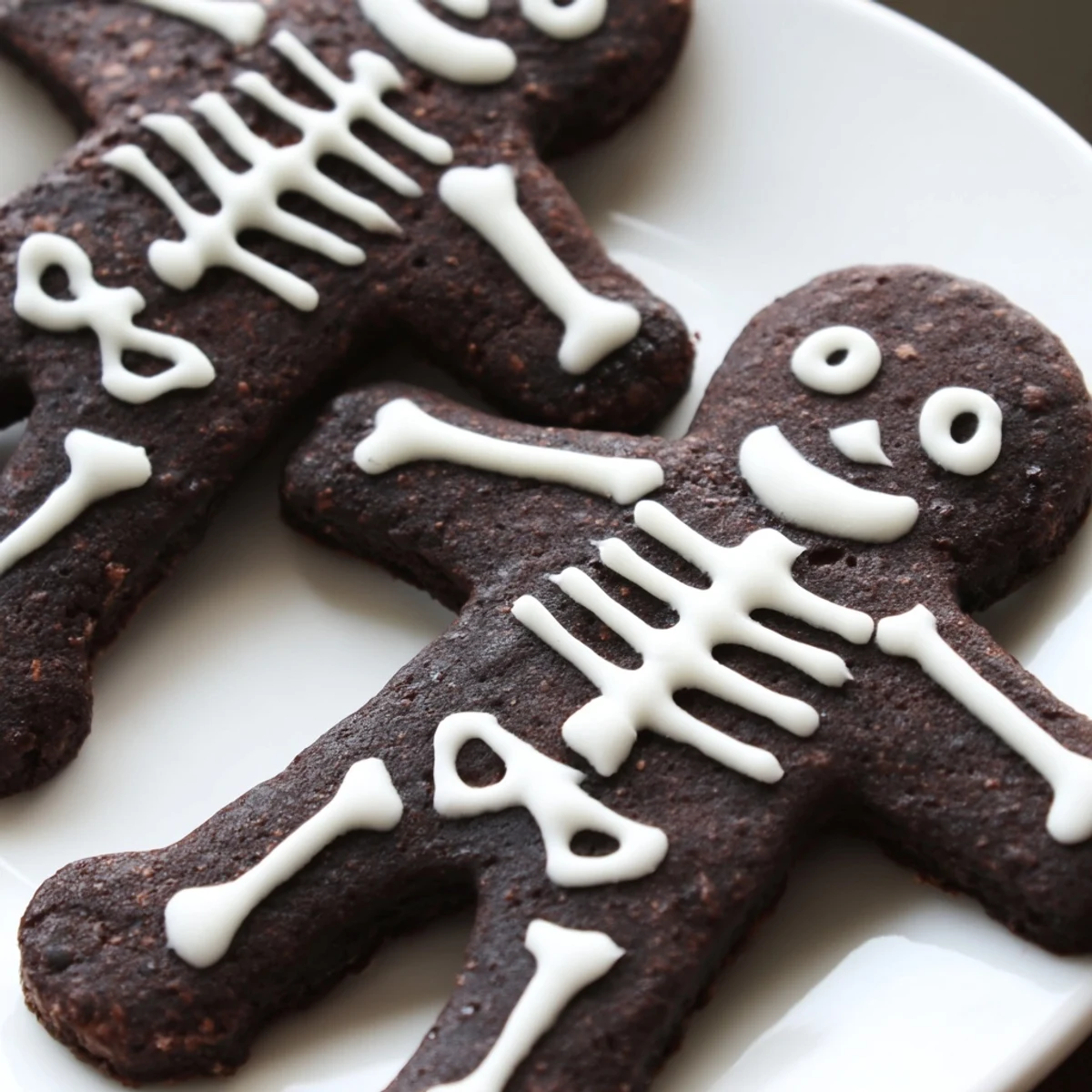Bite-sized chocolate cinnamon skeleton cookies arranged on a festive Halloween dessert platter with spiced details
