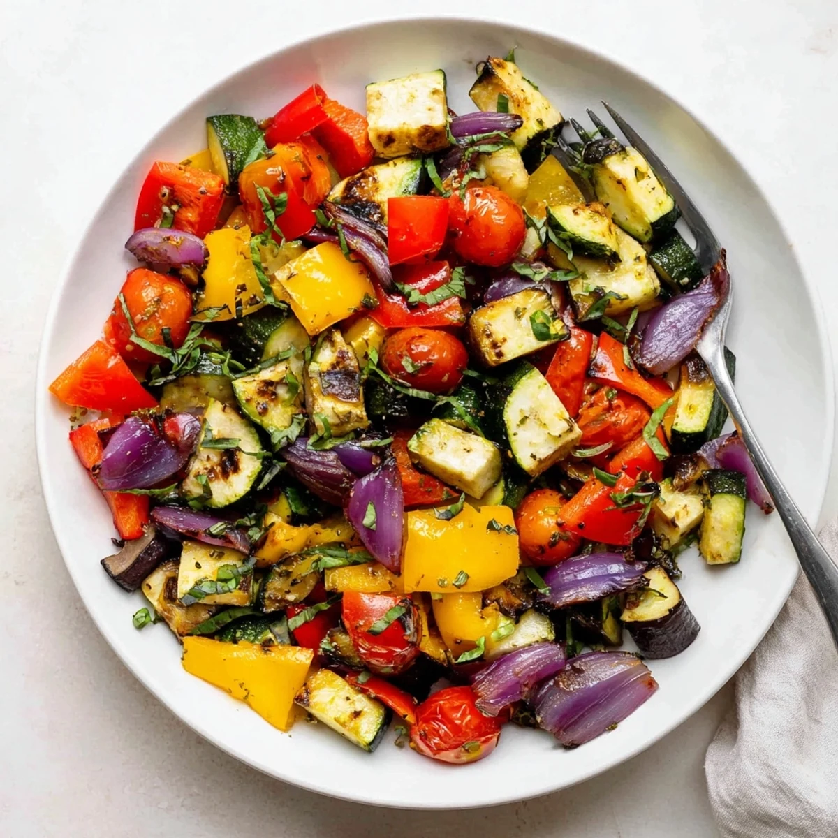 Caramelized bell peppers and eggplant served on a platter of classic Mediterranean roasted vegetables