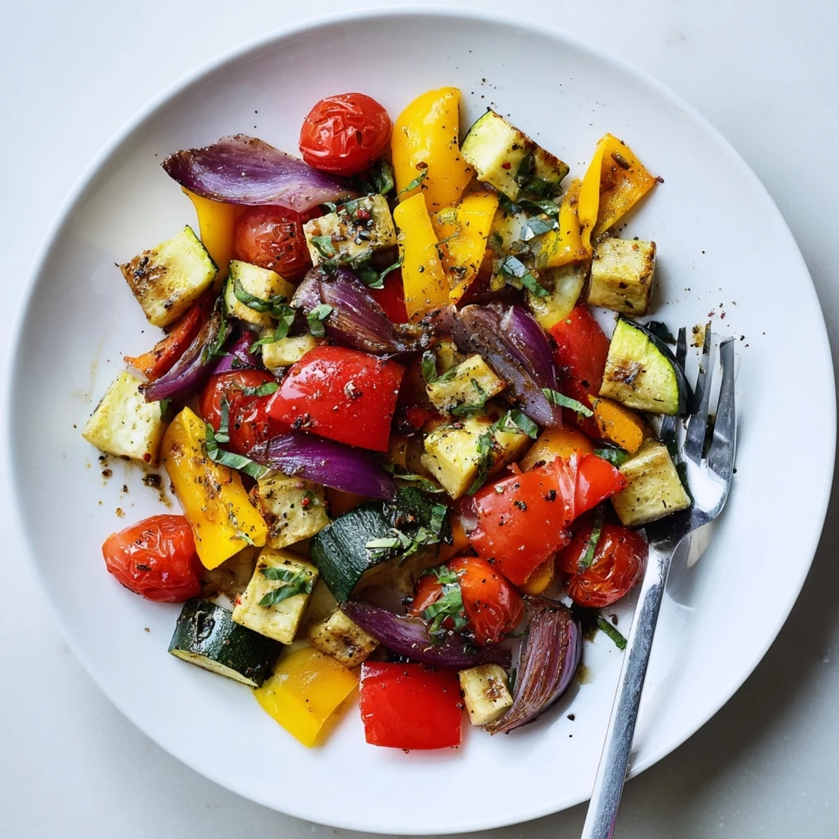Golden tender zucchini and cherry tomatoes fresh from classic Mediterranean roasted vegetables on parchment