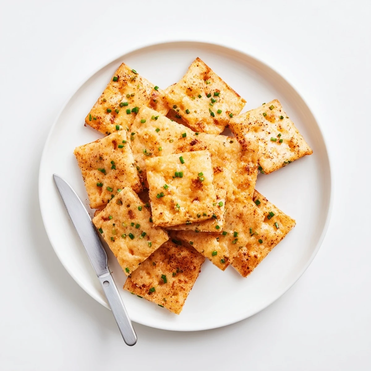 Ultra-crispy baked cheese and herb crackers golden at the edges alongside a dipping bowl