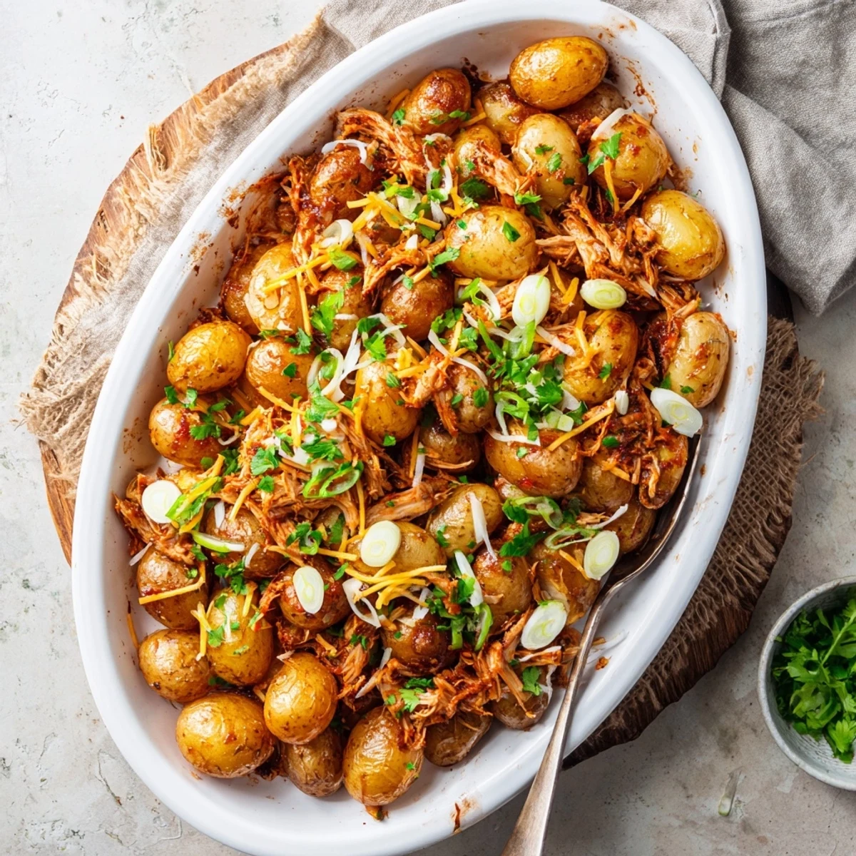 Honey BBQ Chicken Potatoes served hot with melted cheese and fresh green onion garnish
