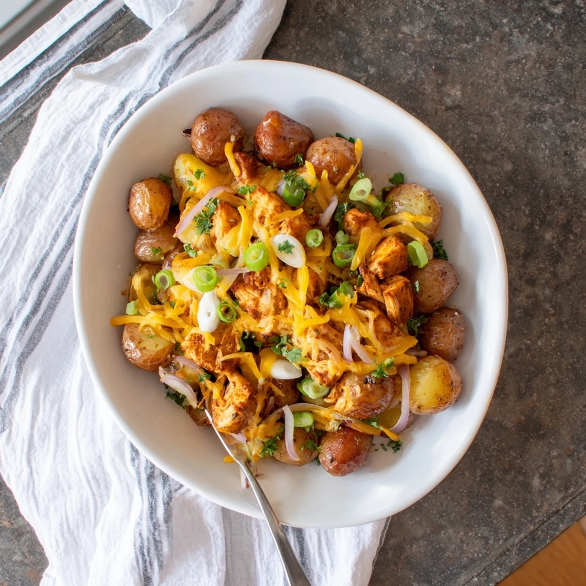 Golden roasted baby potatoes layered with honey BBQ chicken and bubbling cheddar cheese