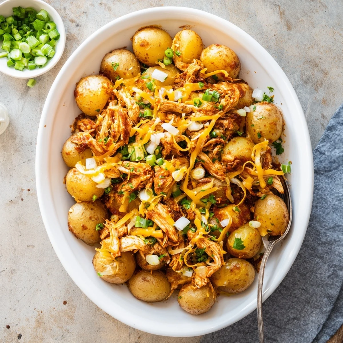 Succulent shredded honey BBQ chicken over crispy potatoes topped with melted cheddar and parsley