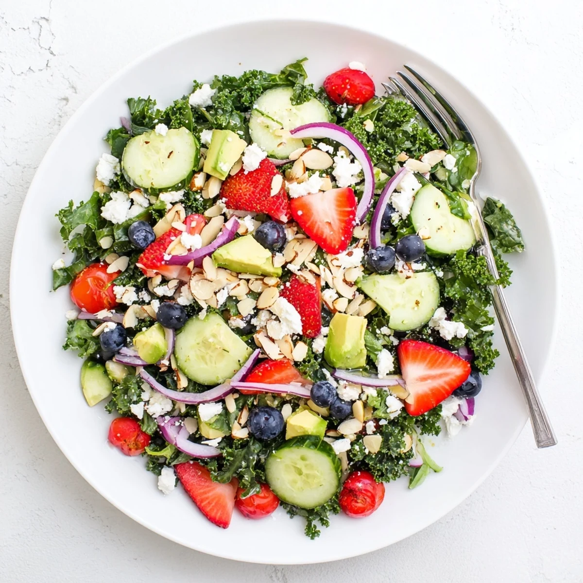 Hearty kale tossed with juicy berries, avocado, and a golden lemon-honey vinaigrette on a white plate.