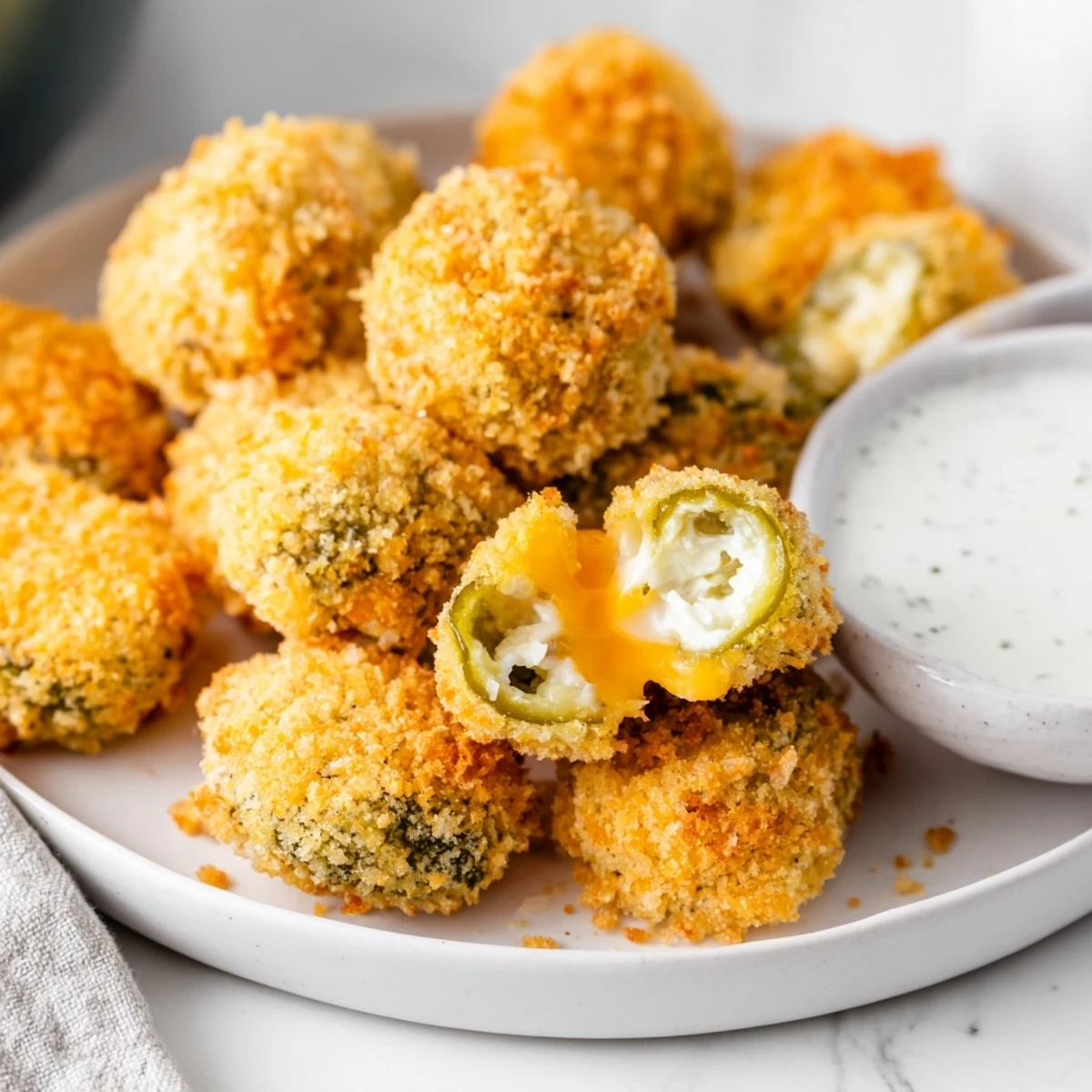 Golden crispy pickle cheese bites served warm with ranch dipping sauce