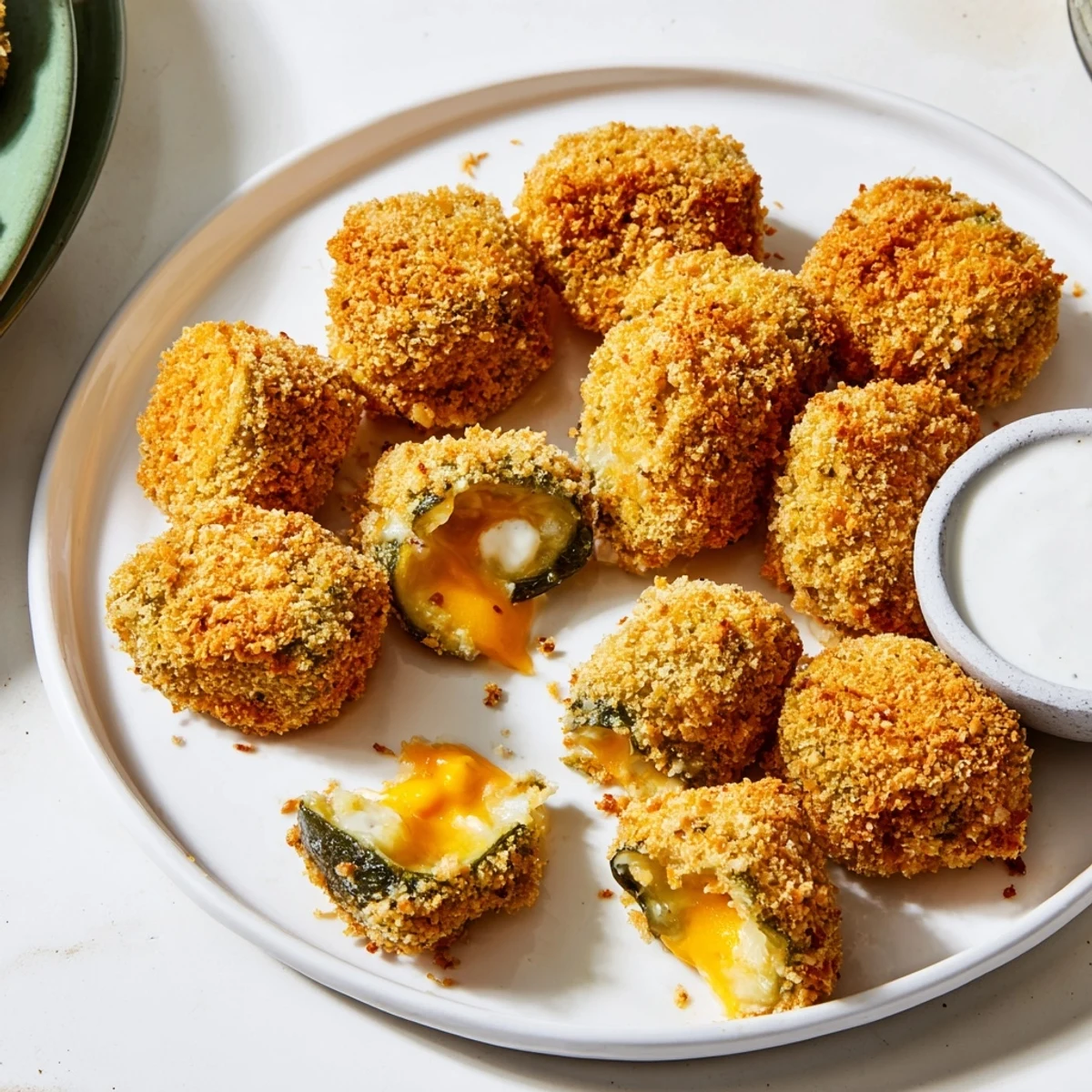 Crispy pickle cheese bites arranged on a platter for party snacking