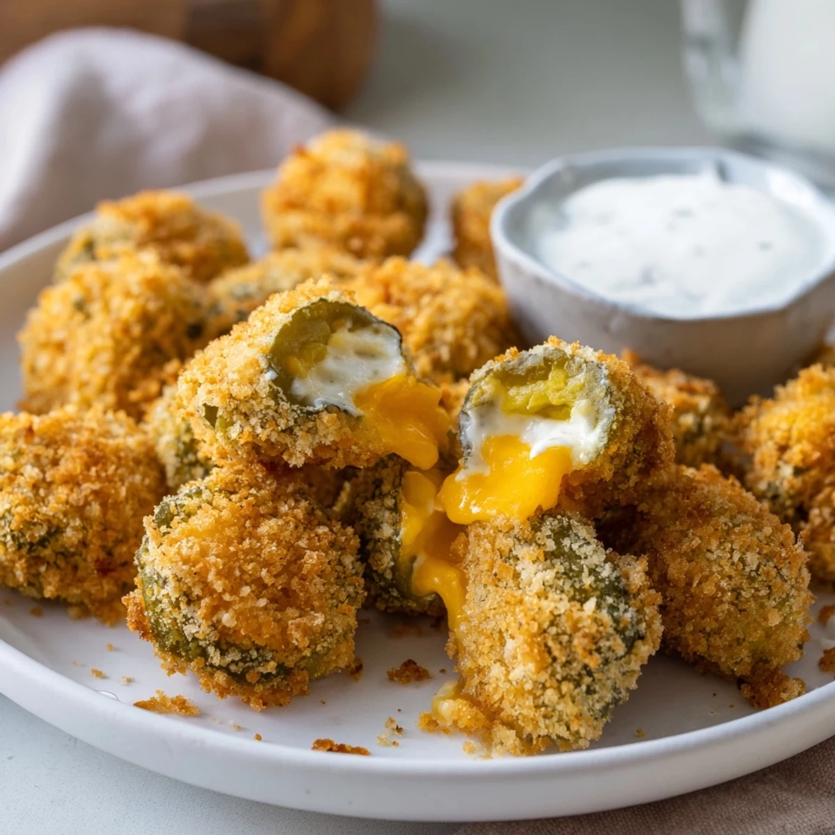 Pan-fried crispy pickle cheese bites with gooey cheddar and crunchy panko