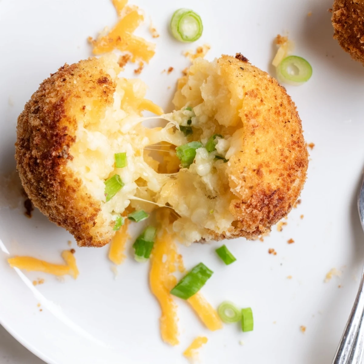 Fried Mashed Potato Balls piled on plate, golden crisp exterior, creamy center