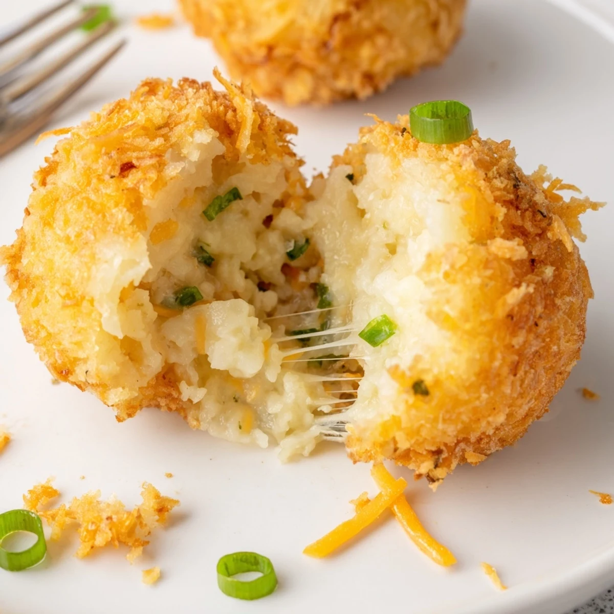 Bite reveals creamy interior in Fried Mashed Potato Balls with melted cheddar