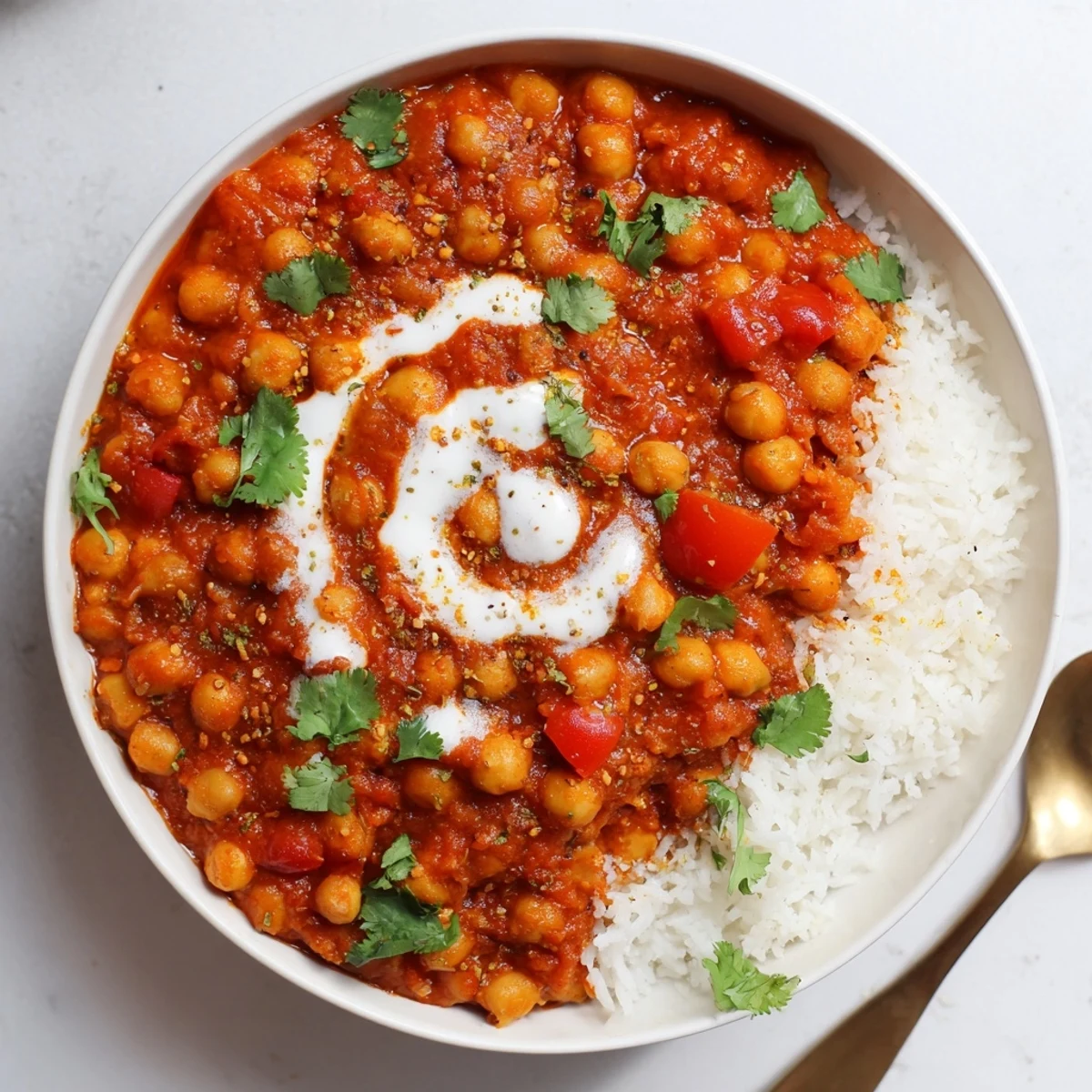 Hearty Greek Yogurt Chickpea Curry ladled over fluffy basmati rice, aromatic