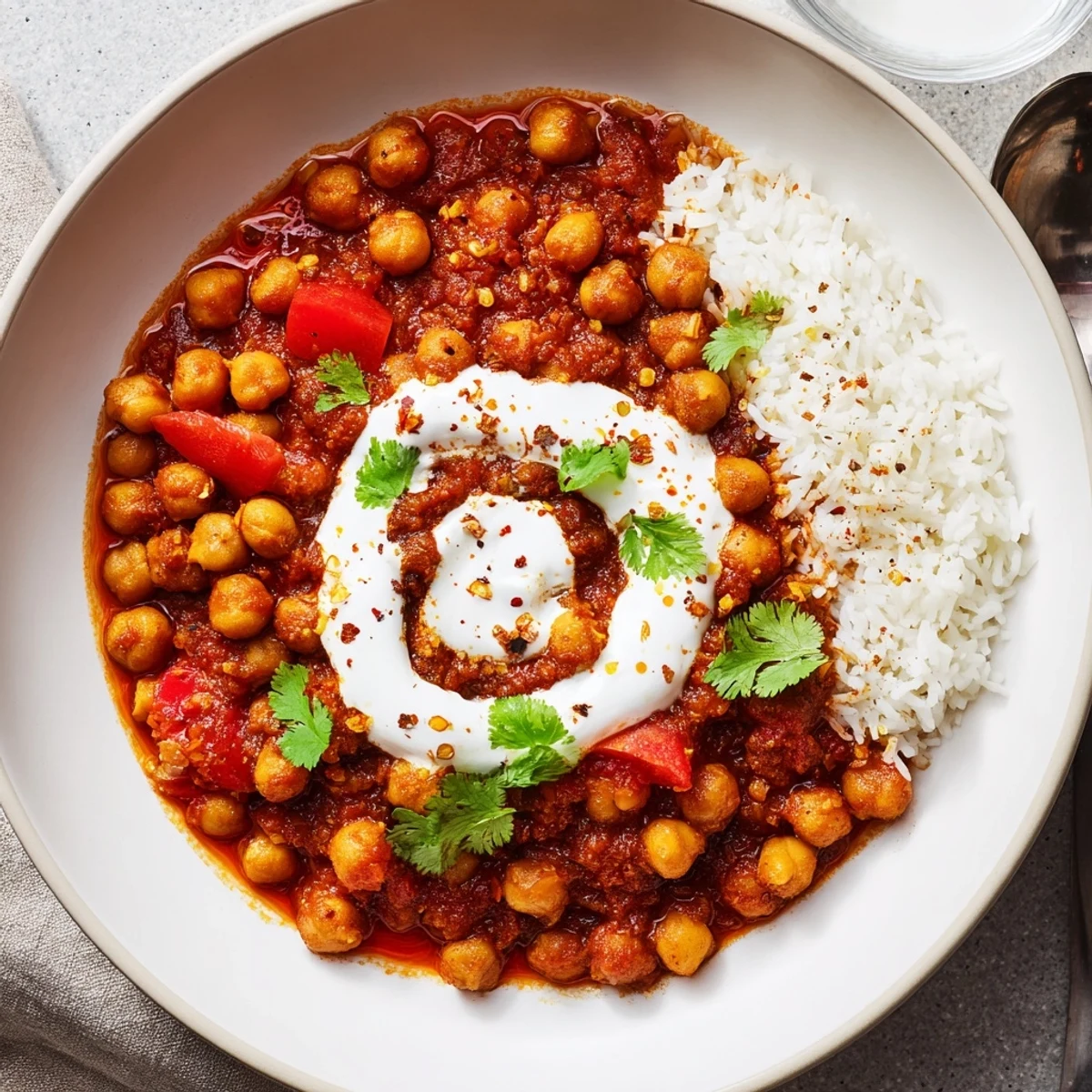 Creamy Greek Yogurt Chickpea Curry steaming in skillet, garnished with cilantro