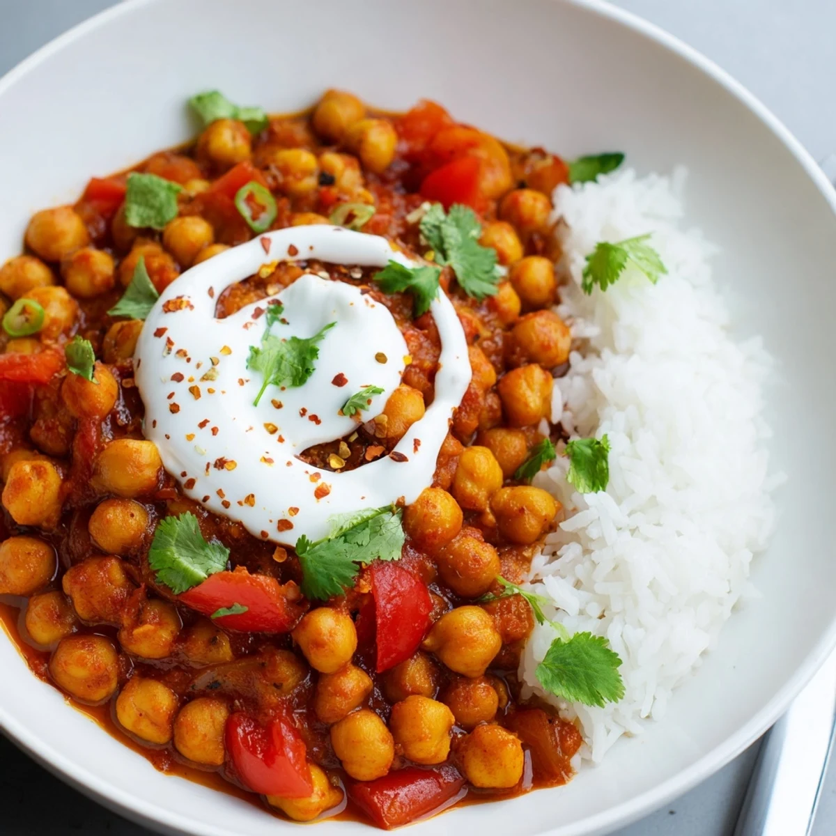 Bright spiced Greek Yogurt Chickpea Curry showing tomato sauce and creamy texture