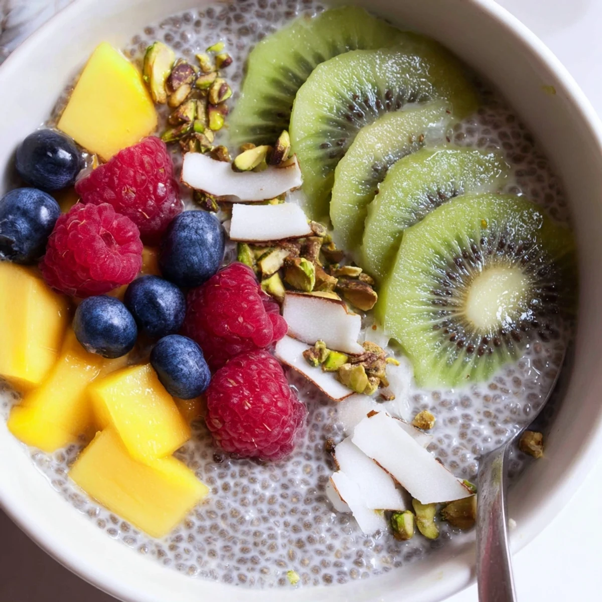 Coconut Chia Pudding topped with fresh mango and toasted coconut flakes.