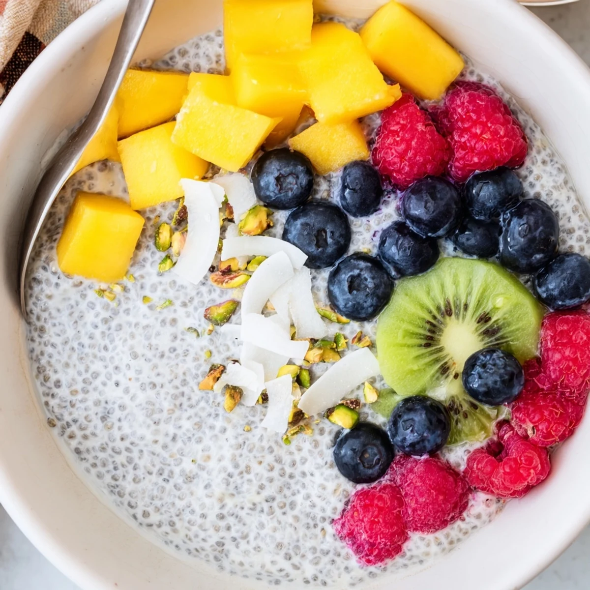 Creamy Coconut Chia Pudding chilled overnight, served in clear glass.