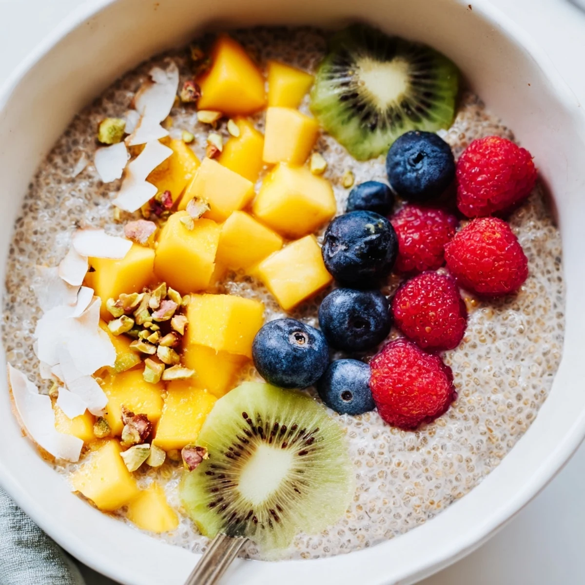 Vegan Coconut Chia Pudding flavored with vanilla, garnished with chopped pistachios.
