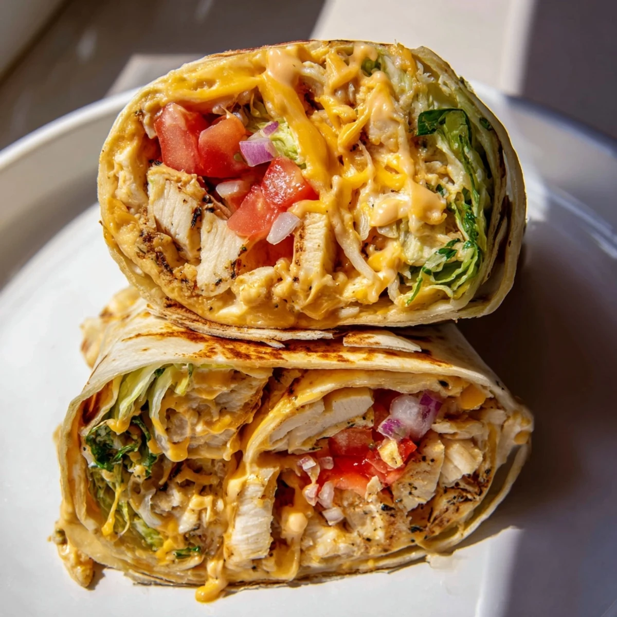 Warm Cheesy Garlic Chicken Wraps sliced in half, steam rising, gooey cheese