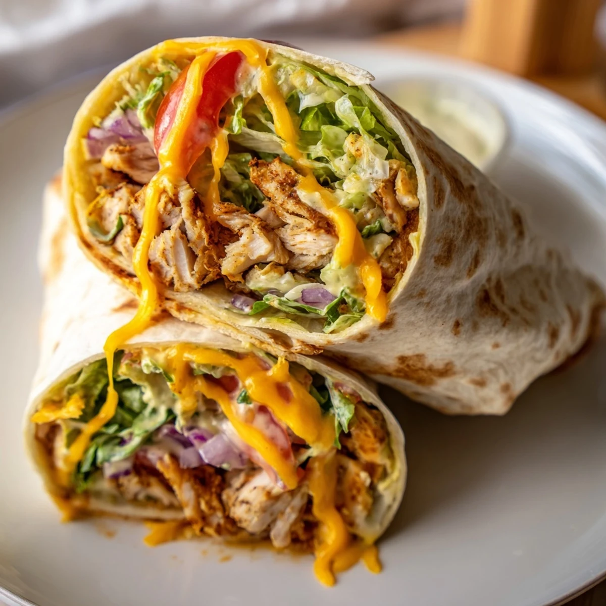 Cheesy Garlic Chicken Wraps with melty cheddar, warm tortilla and crisp lettuce