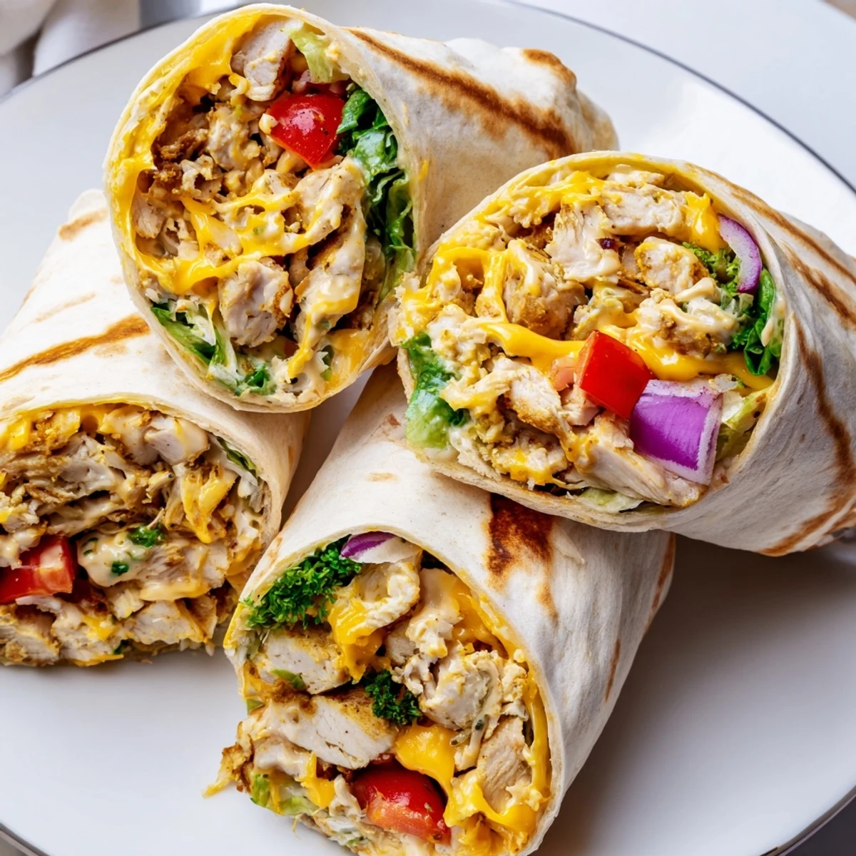 A plate of Cheesy Garlic Chicken Wraps drizzled with parsley sauce, tomato peeking