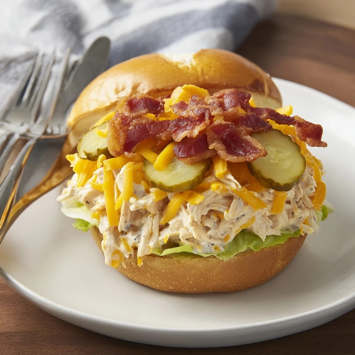 Crack Chicken Sandwiches piled high, creamy cheesy filling oozing, crispy bacon edges