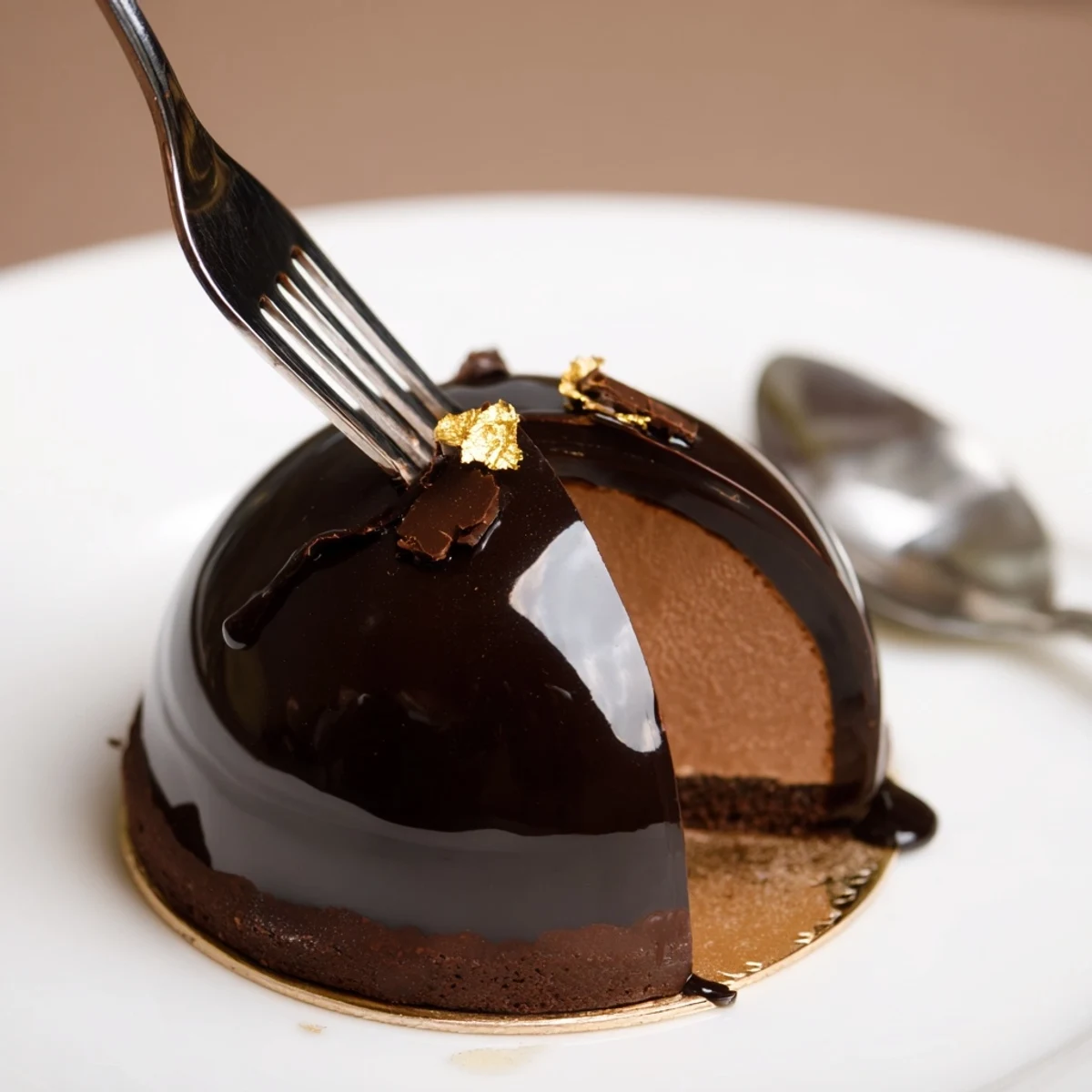 Elegant Chocolate Mascarpone Dome Dessert With Glossy Shells, silky mousse and reflective glaze.