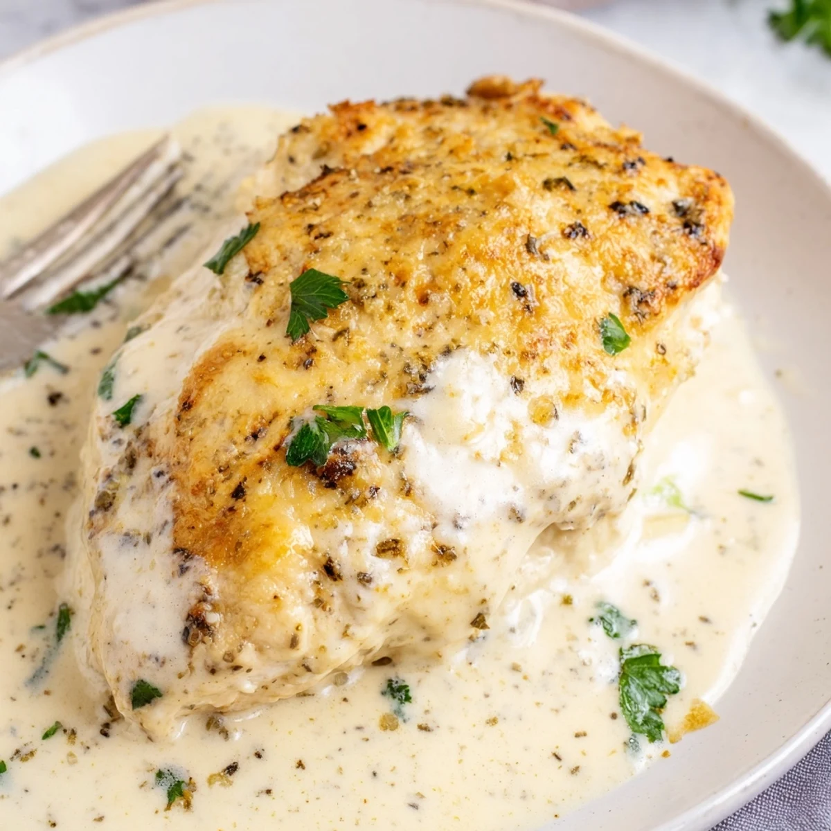 Caesar Chicken Recipe: creamy baked breasts topped with golden parmesan and parsley