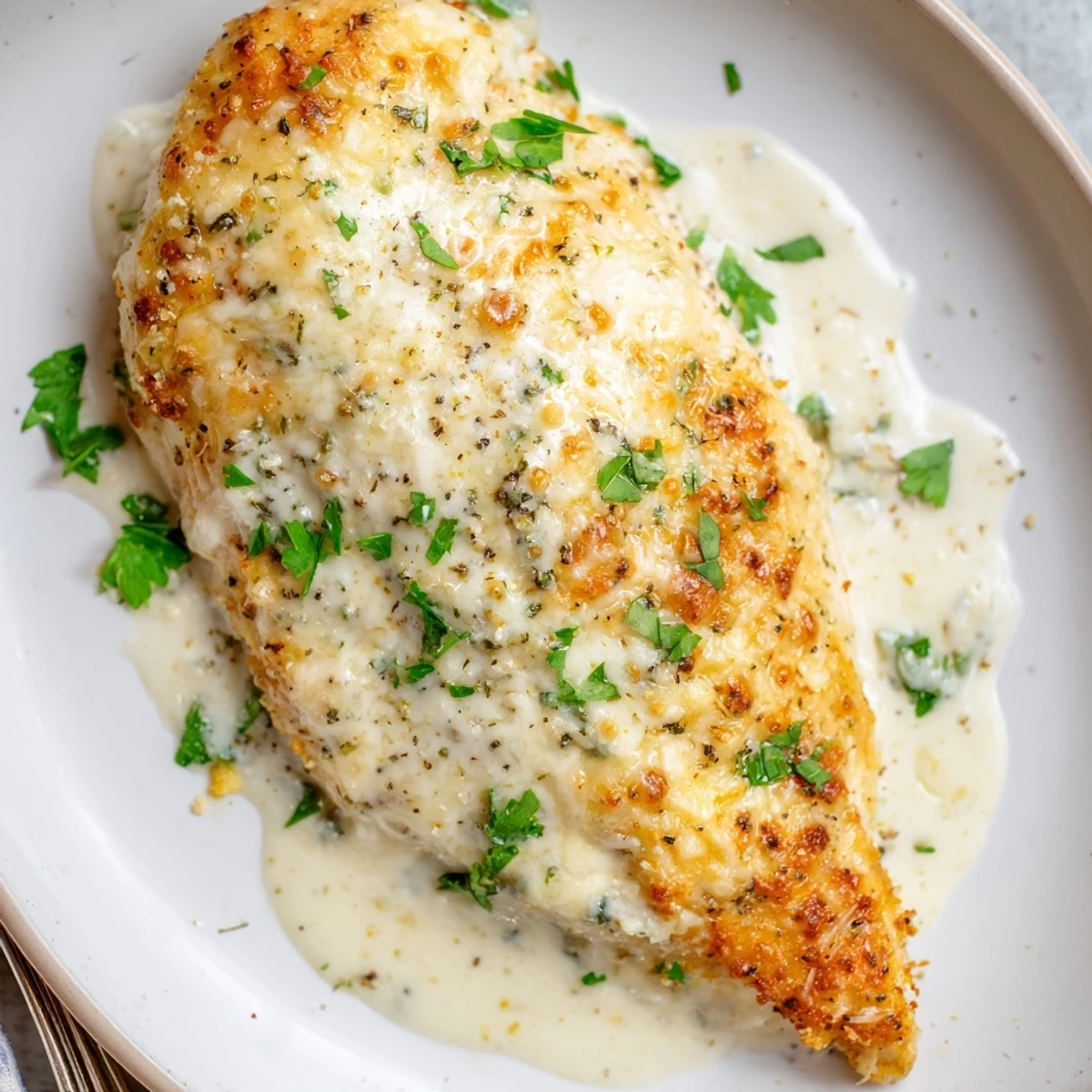 Juicy Caesar Chicken Recipe resting after baking, creamy sauce and crisp edges