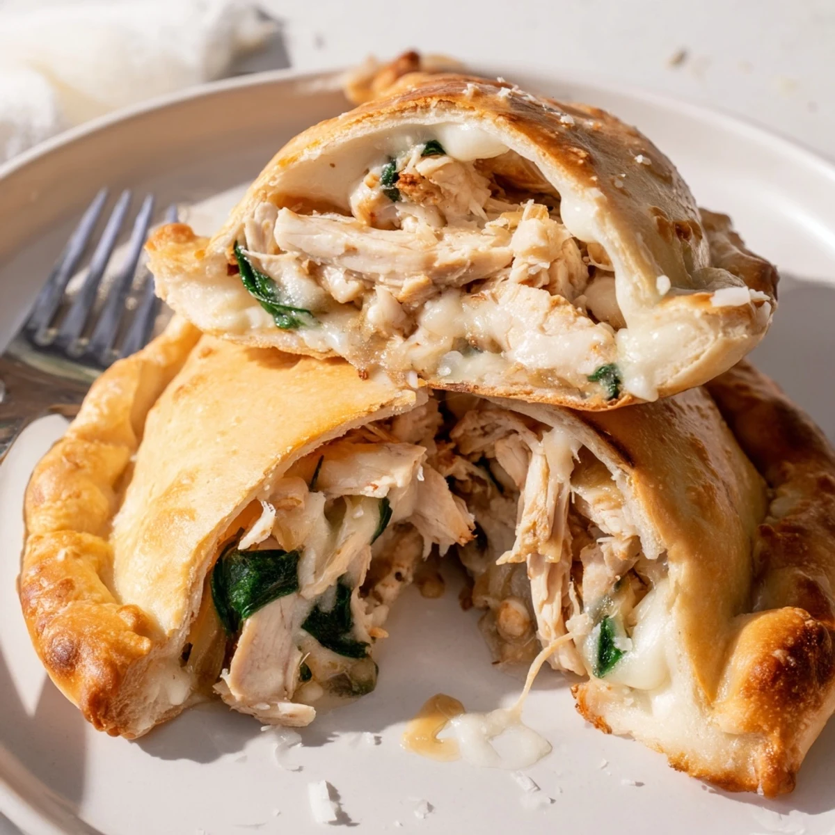 Slice of Crispy Cheesy Chicken Alfredo Air Fryer Calzones oozing gooey cheese