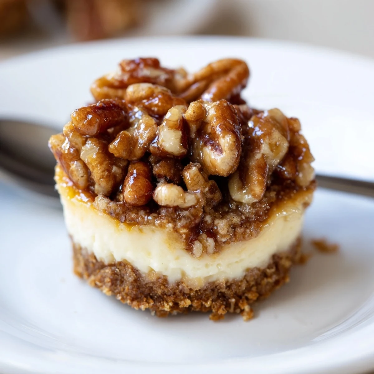 Mini Pecan Pie Cheesecakes with glossy pecan topping, buttery graham crusts, chilled