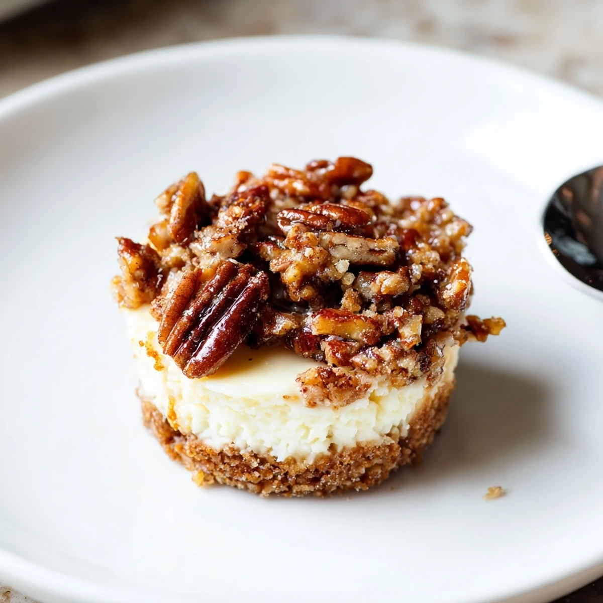 Twelve Mini Pecan Pie Cheesecakes, creamy centers and crunchy pecan caramel topping