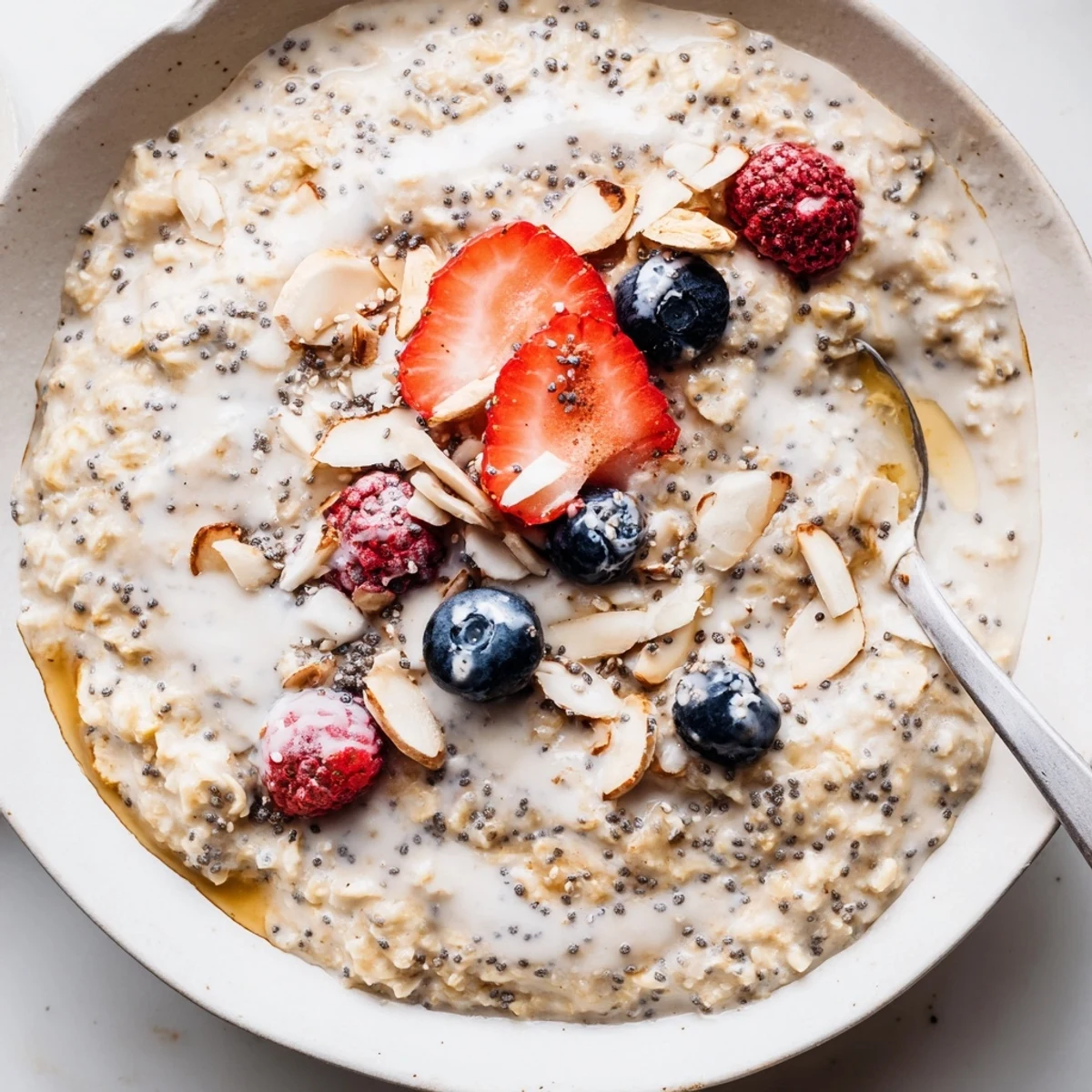 Silky Healthy Coconut Cream Overnight Oats topped with berries and toasted coconut.