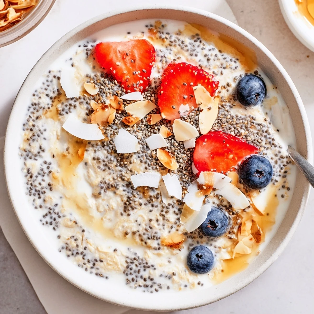 Rustic bowl of Healthy Coconut Cream Overnight Oats with crunchy nut topping.