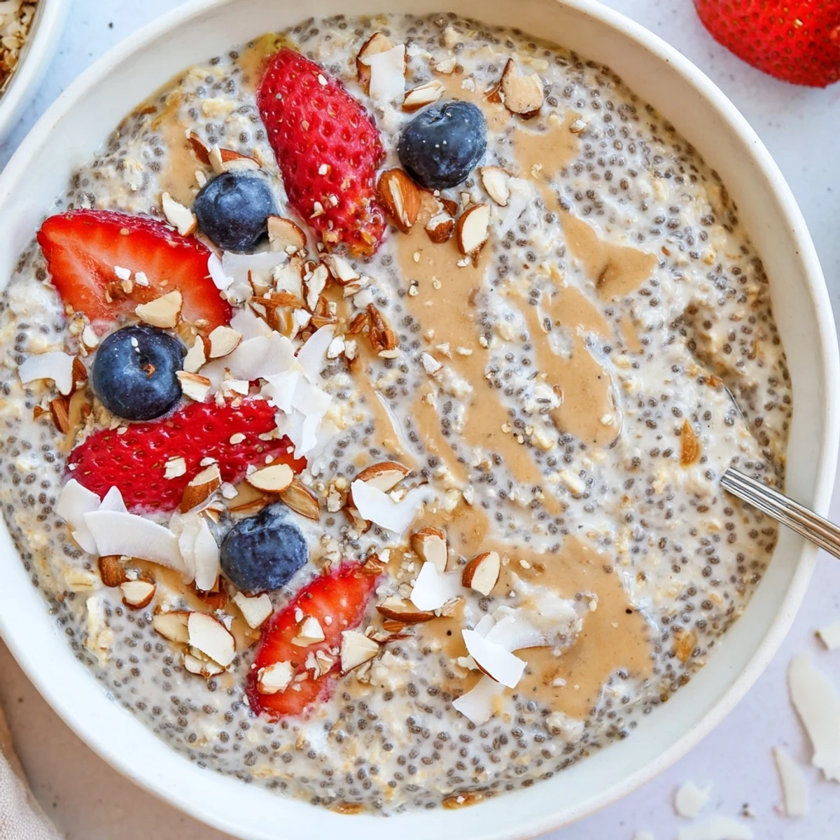 Jar of Healthy Coconut Cream Overnight Oats chilled, drizzled with extra coconut.