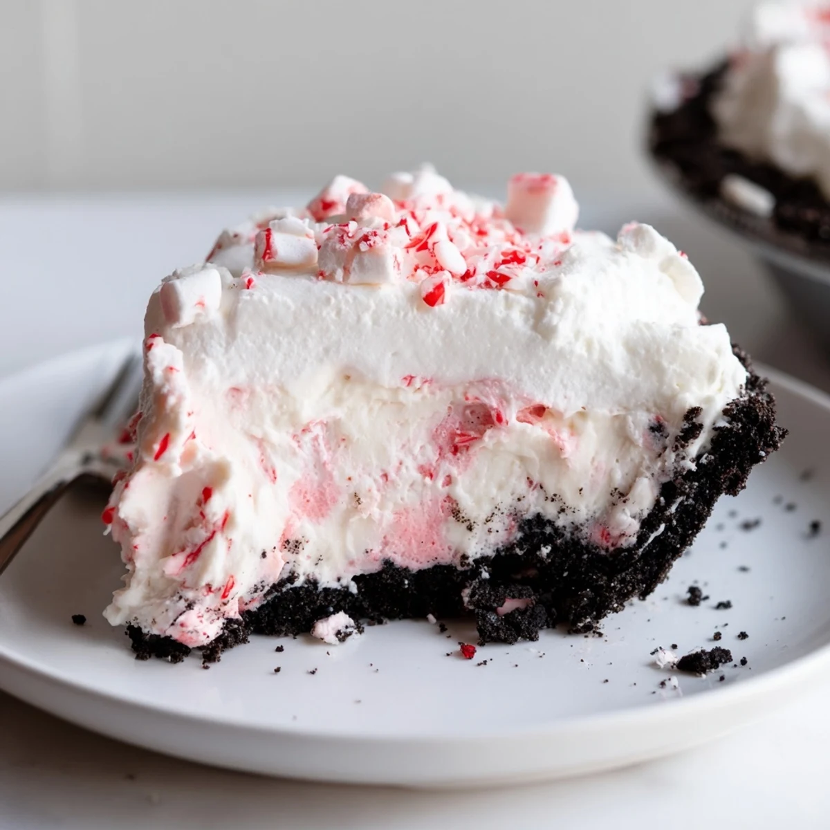 Candy Cane Pie with creamy peppermint filling, chocolate cookie crust, chilled.