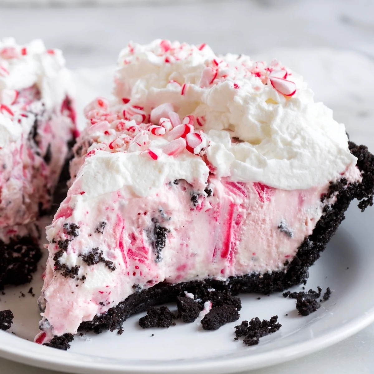 Festive Candy Cane Pie slice topped with whipped cream and crushed candy canes.