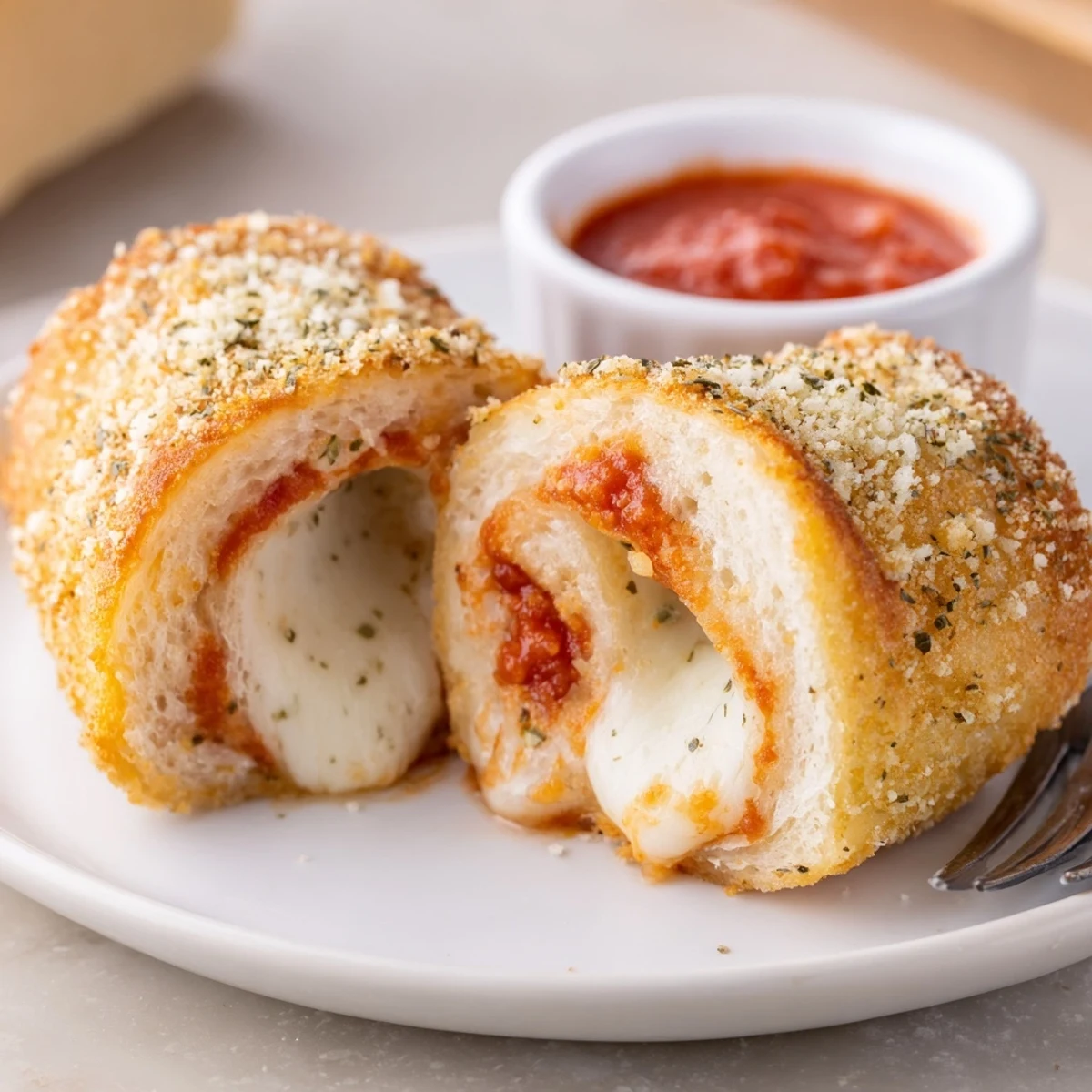 A tray of Crispy Cheesy Roll Ups, golden crunch with gooey cheese