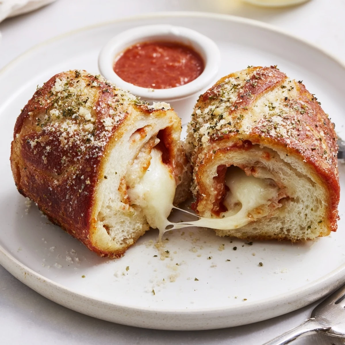 Warm Crispy Cheesy Roll Ups served with marinara, sprinkled Parmesan and herbs