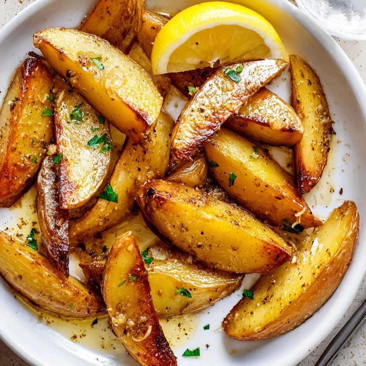 Authentic Greek Lemon Potatoes Recipe: golden wedges crisped at edges, lemony aroma.