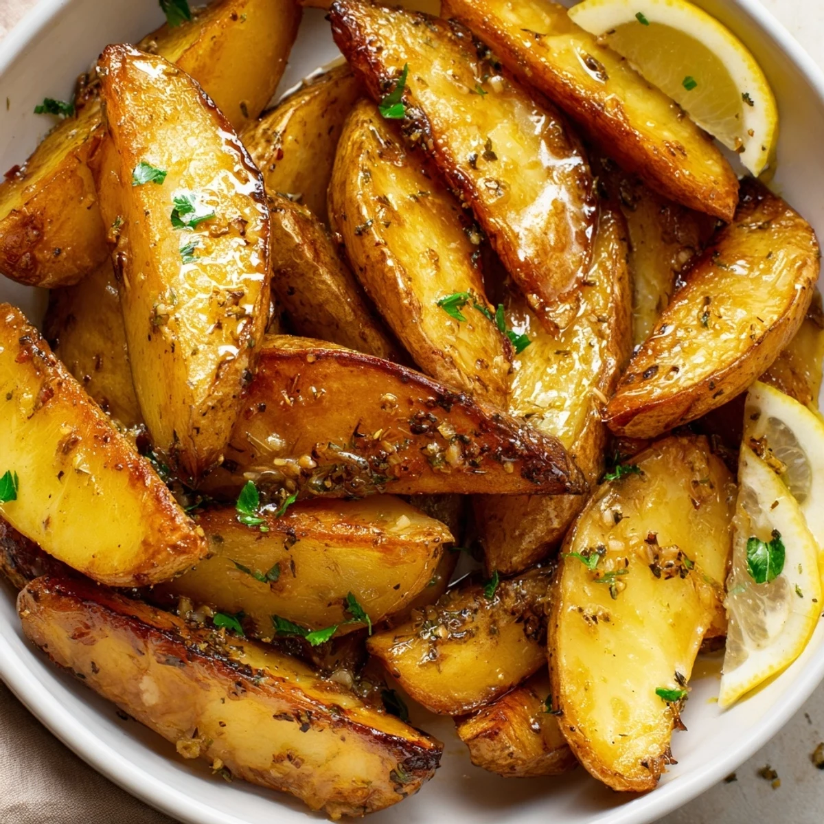 A serving suggestion: Authentic Greek Lemon Potatoes Recipe piled beside creamy tzatziki.